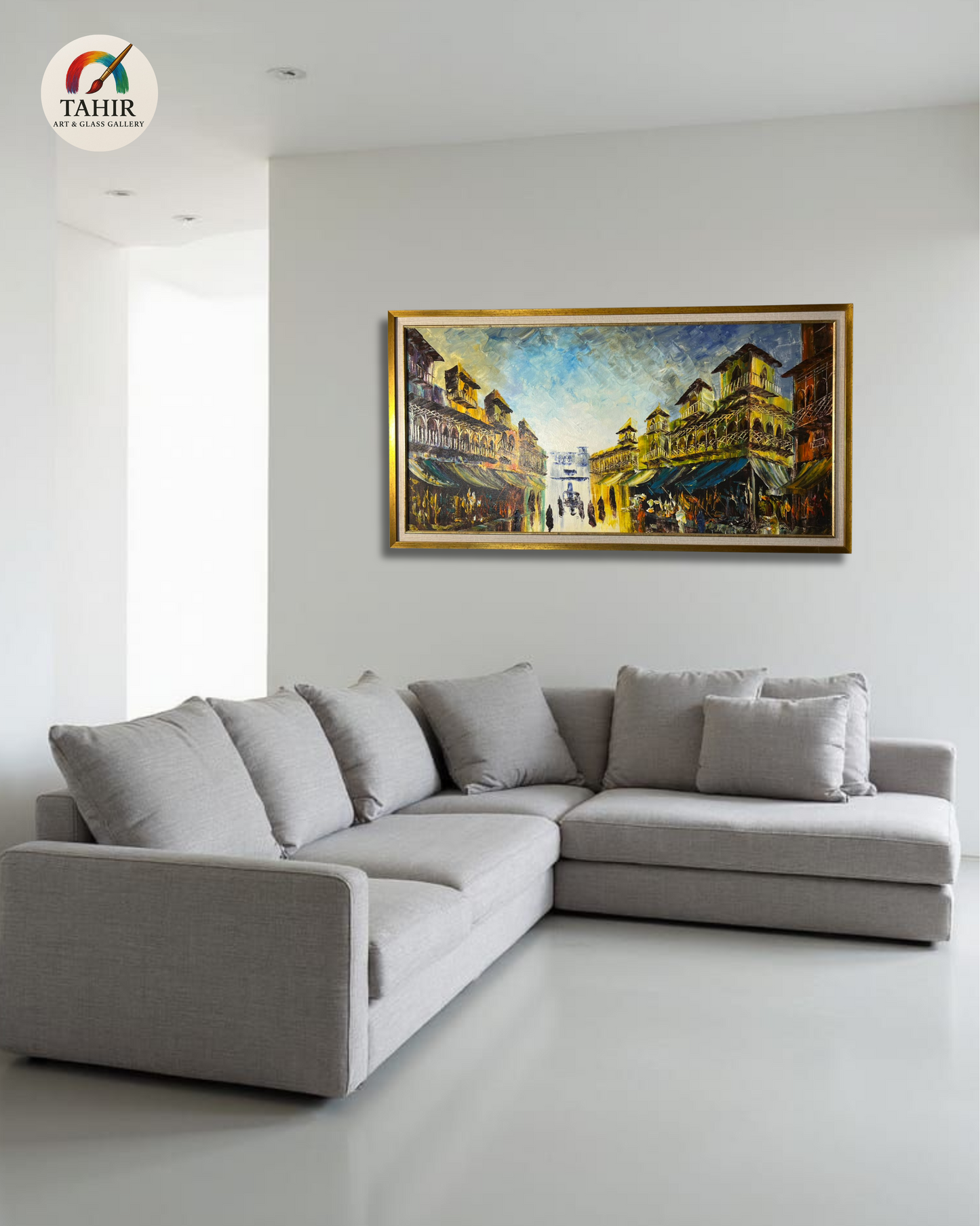 Old Street Market Scene – 24x48" Framed Canvas Art