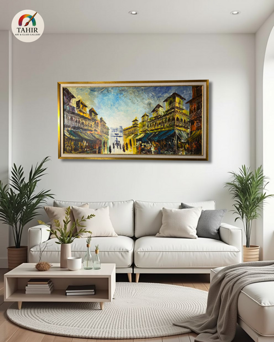 Old Street Market Scene – 24x48" Framed Canvas Art