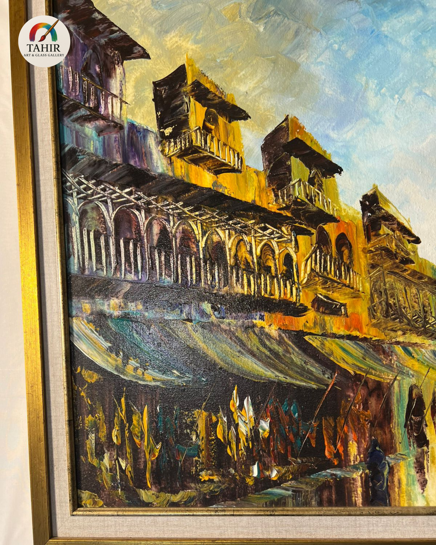 Old Street Market Scene – 24x48" Framed Canvas Art