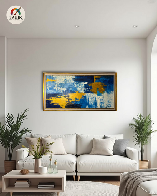Blue & Gold Abstract Canvas – 24x48" Framed Wall Art