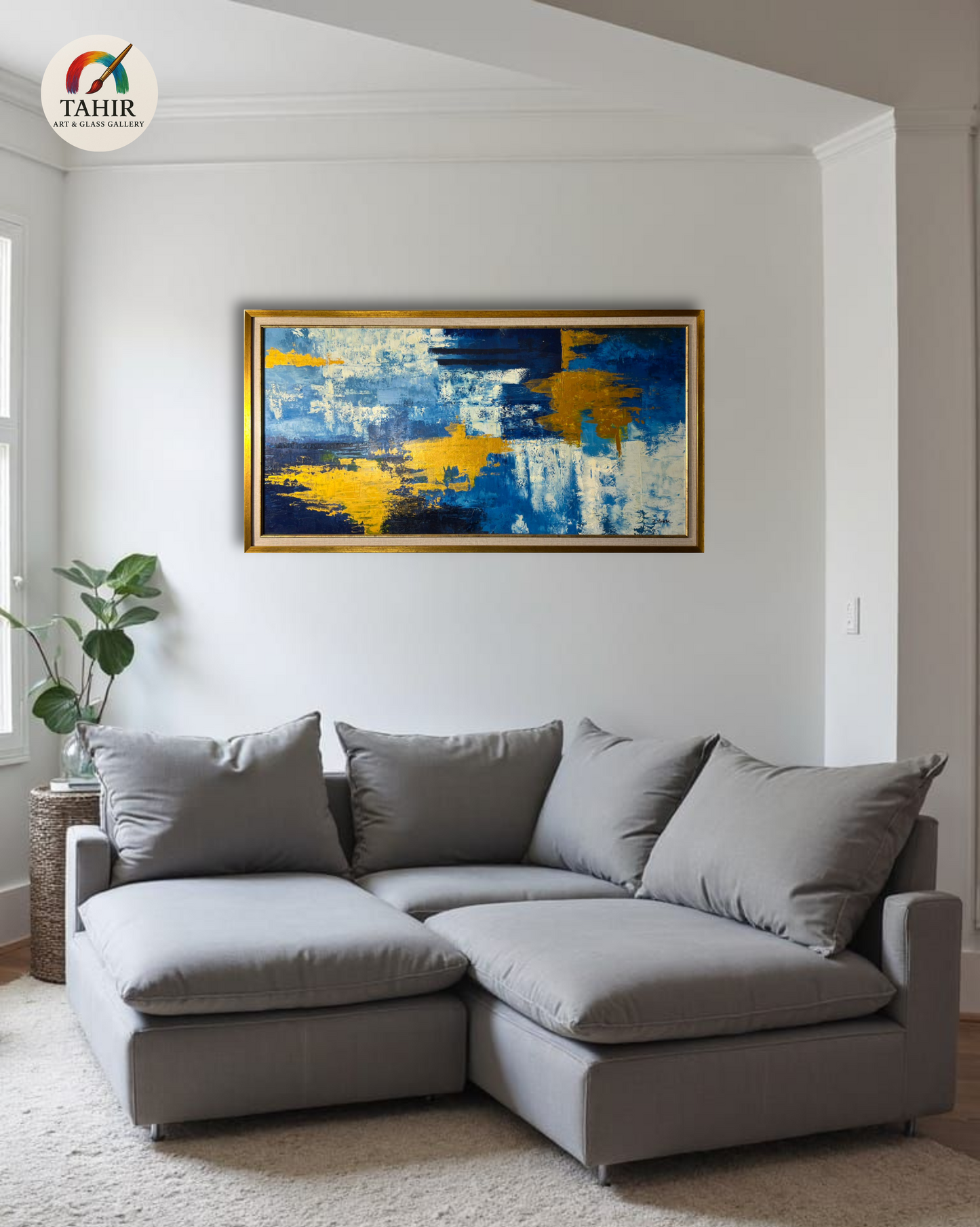 Blue & Gold Abstract Canvas – 24x48" Framed Wall Art