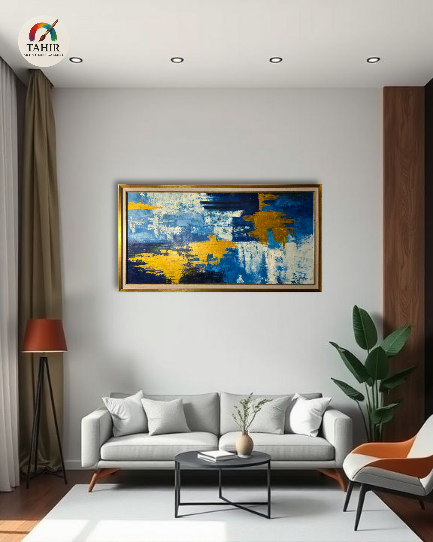 Blue & Gold Abstract Canvas – 24x48" Framed Wall Art