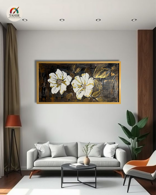 Floral Elegance – White & Gold Flowers on Black | 24x48" Canvas