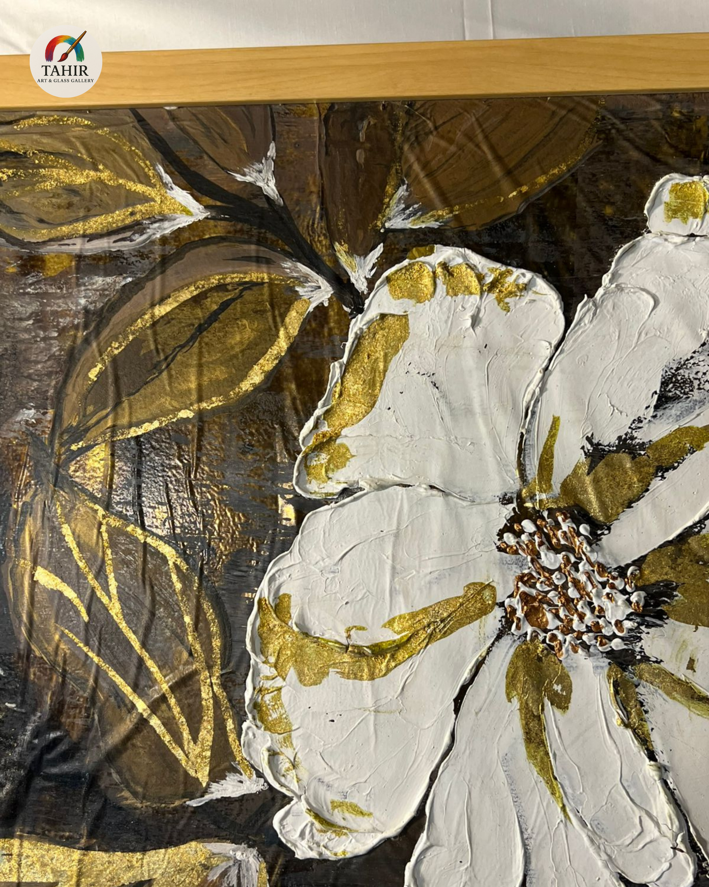 Floral Elegance – White & Gold Flowers on Black | 24x48" Canvas