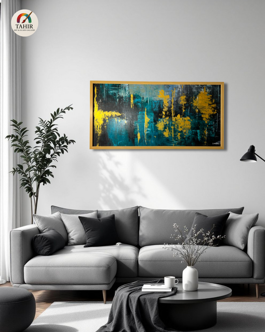 Teal & Yellow Abstract by Zafar Iqbal – 24x48" Framed Canvas
