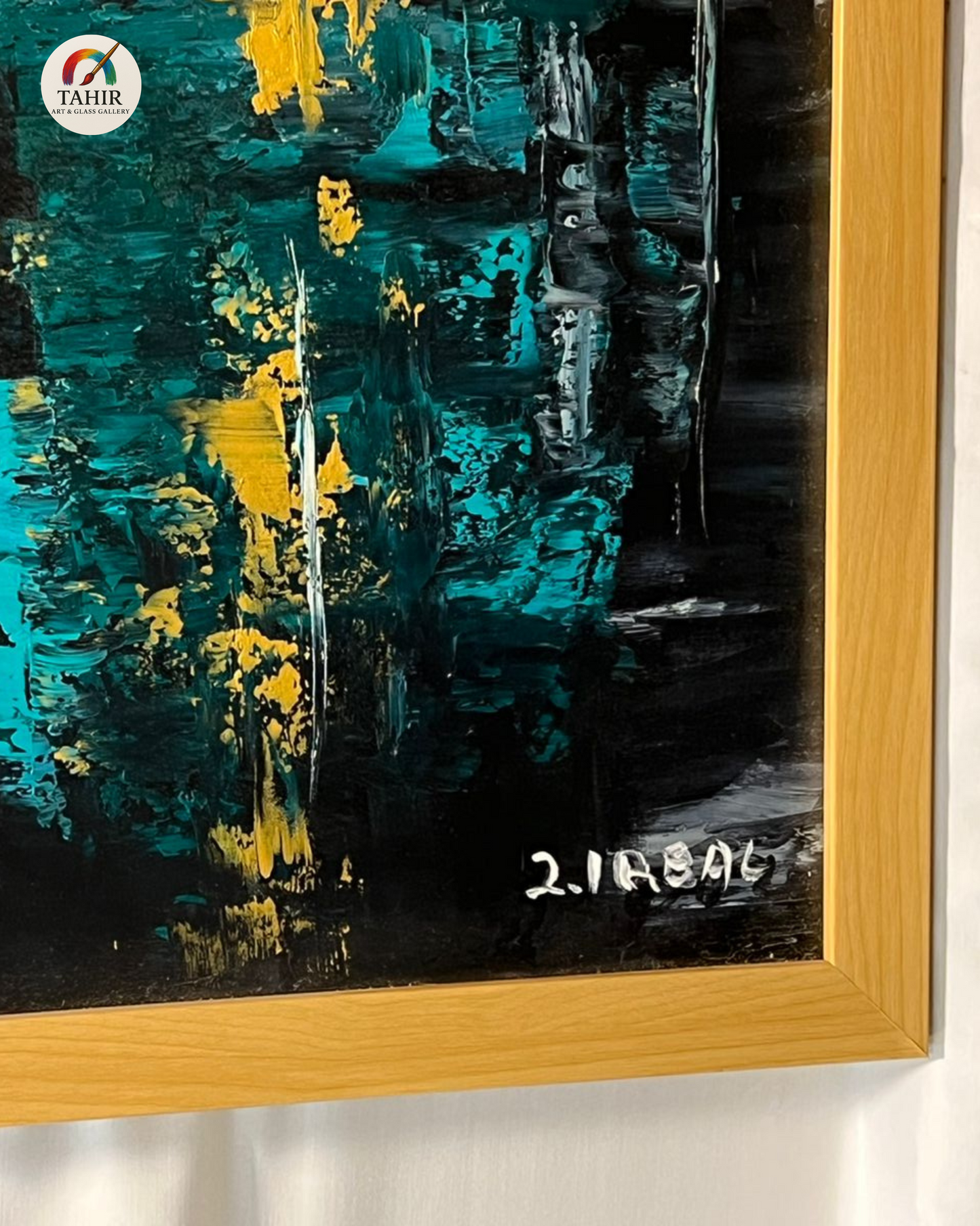 Teal & Yellow Abstract by Zafar Iqbal – 24x48" Framed Canvas