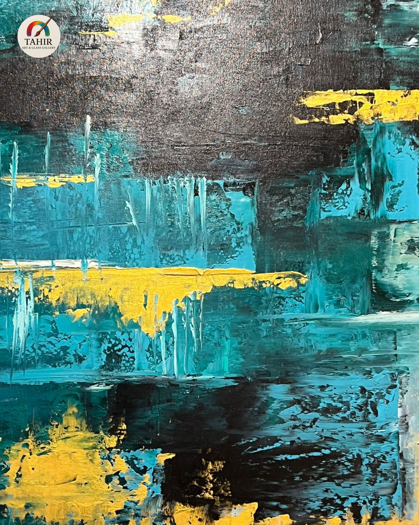 Teal & Yellow Abstract by Zafar Iqbal – 24x48" Framed Canvas