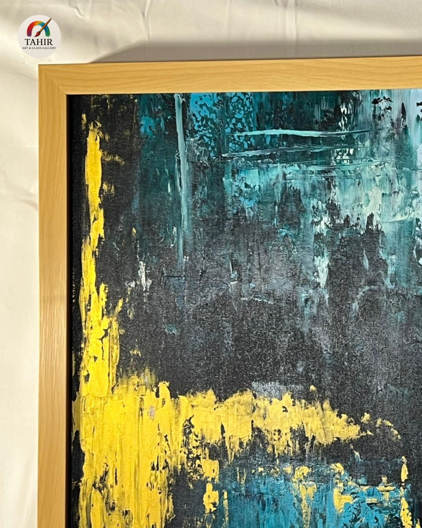 Teal & Yellow Abstract by Zafar Iqbal – 24x48" Framed Canvas