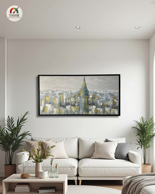Urban Skyline in Grey & Gold – 24x48" Framed Canvas