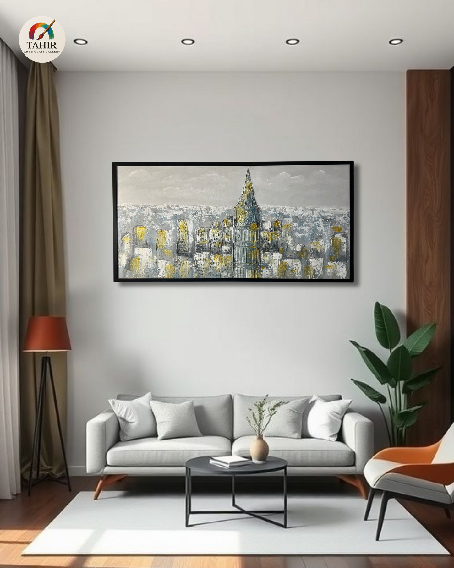Urban Skyline in Grey & Gold – 24x48" Framed Canvas