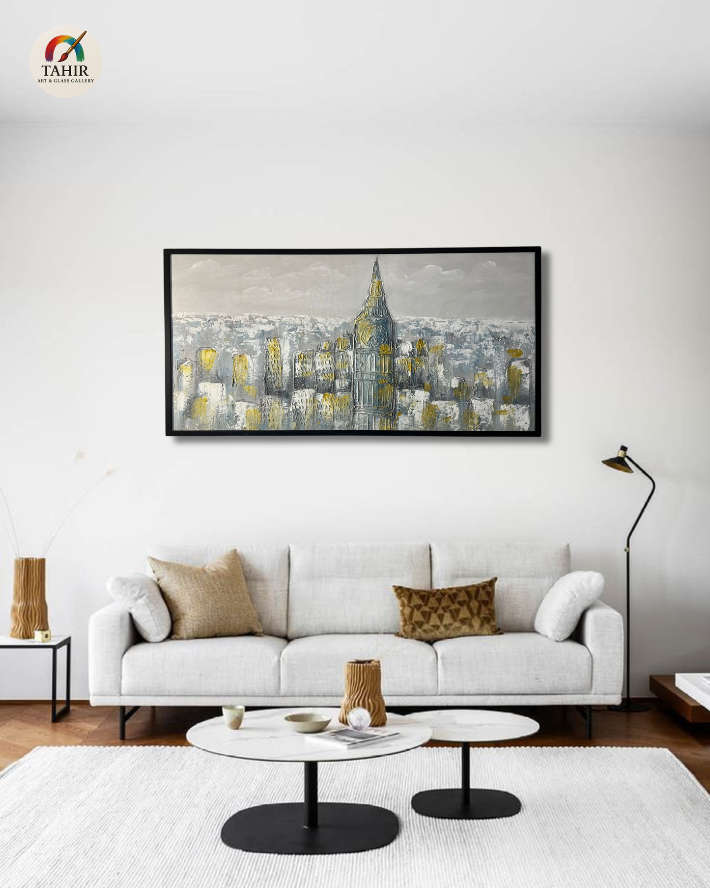 Urban Skyline in Grey & Gold – 24x48" Framed Canvas