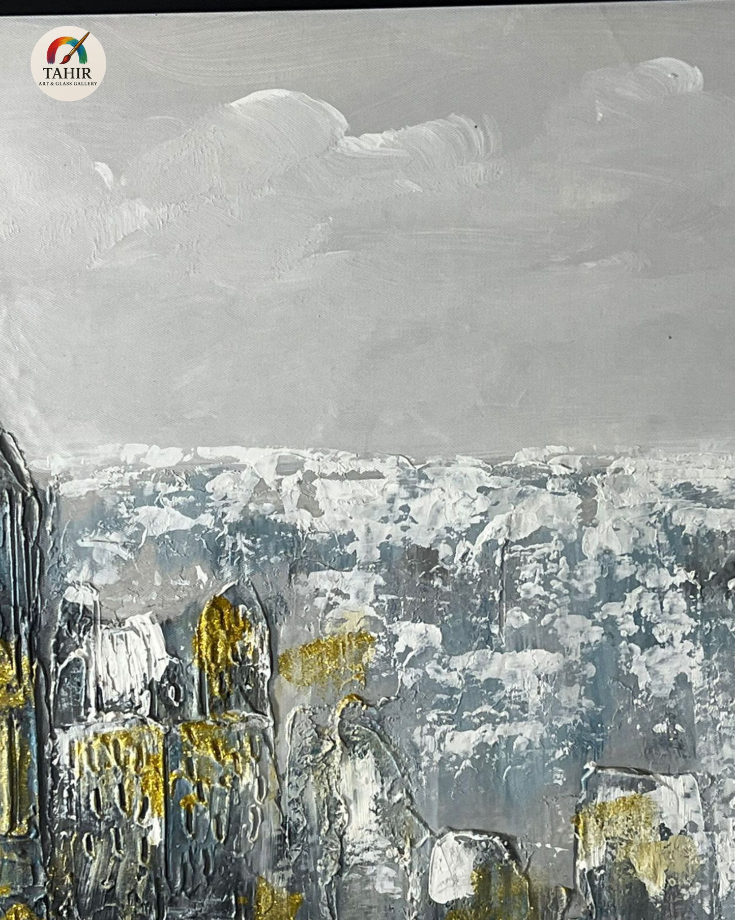 Urban Skyline in Grey & Gold – 24x48" Framed Canvas