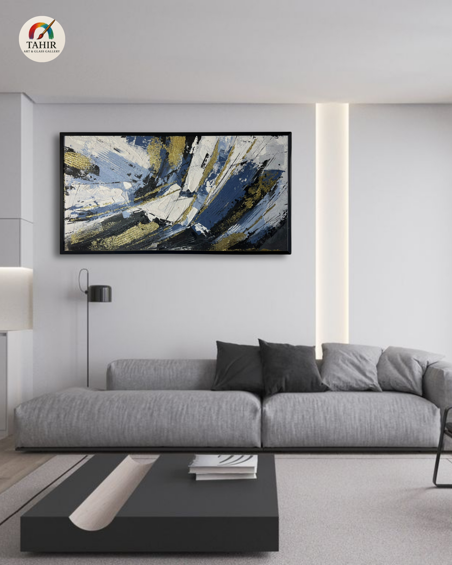 Bold Strokes – Blue, White &amp; Gold Abstract | 24x48" Canvas