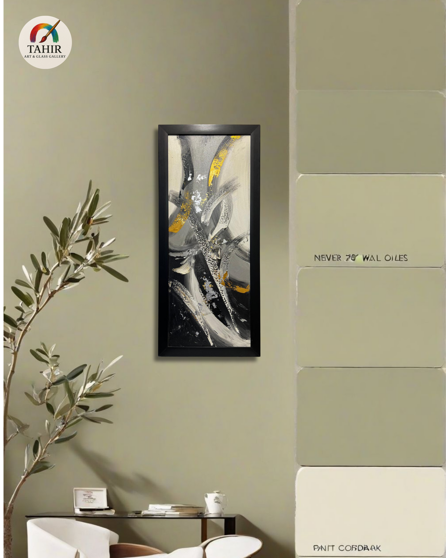 Black & Gold Abstract Art – 24x48" | Vertical Modern Painting
