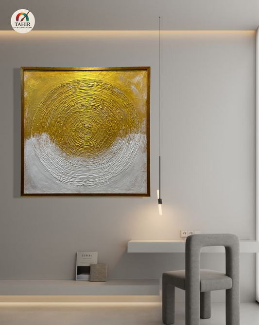 Golden & White Textured Circle Abstract Painting – Luxury Wall Art 30 × 30 inches