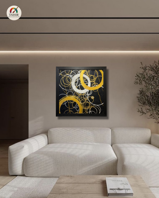 Modern Abstract Circle Art – Black, Gold & White (Imported Canvas Painting)  42 × 42 inches