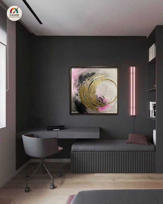 Elegant Wave Abstract Painting – Gold, Pink & Black on Canvas (Imported) 30 × 30 inches