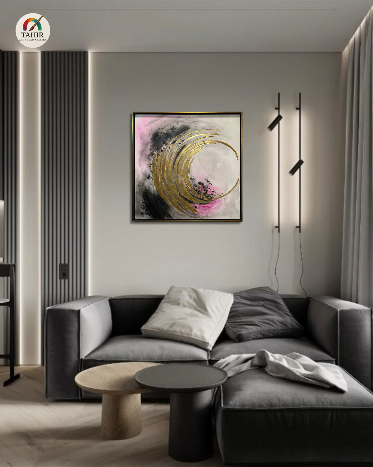 Elegant Wave Abstract Painting – Gold, Pink & Black on Canvas (Imported) 30 × 30 inches
