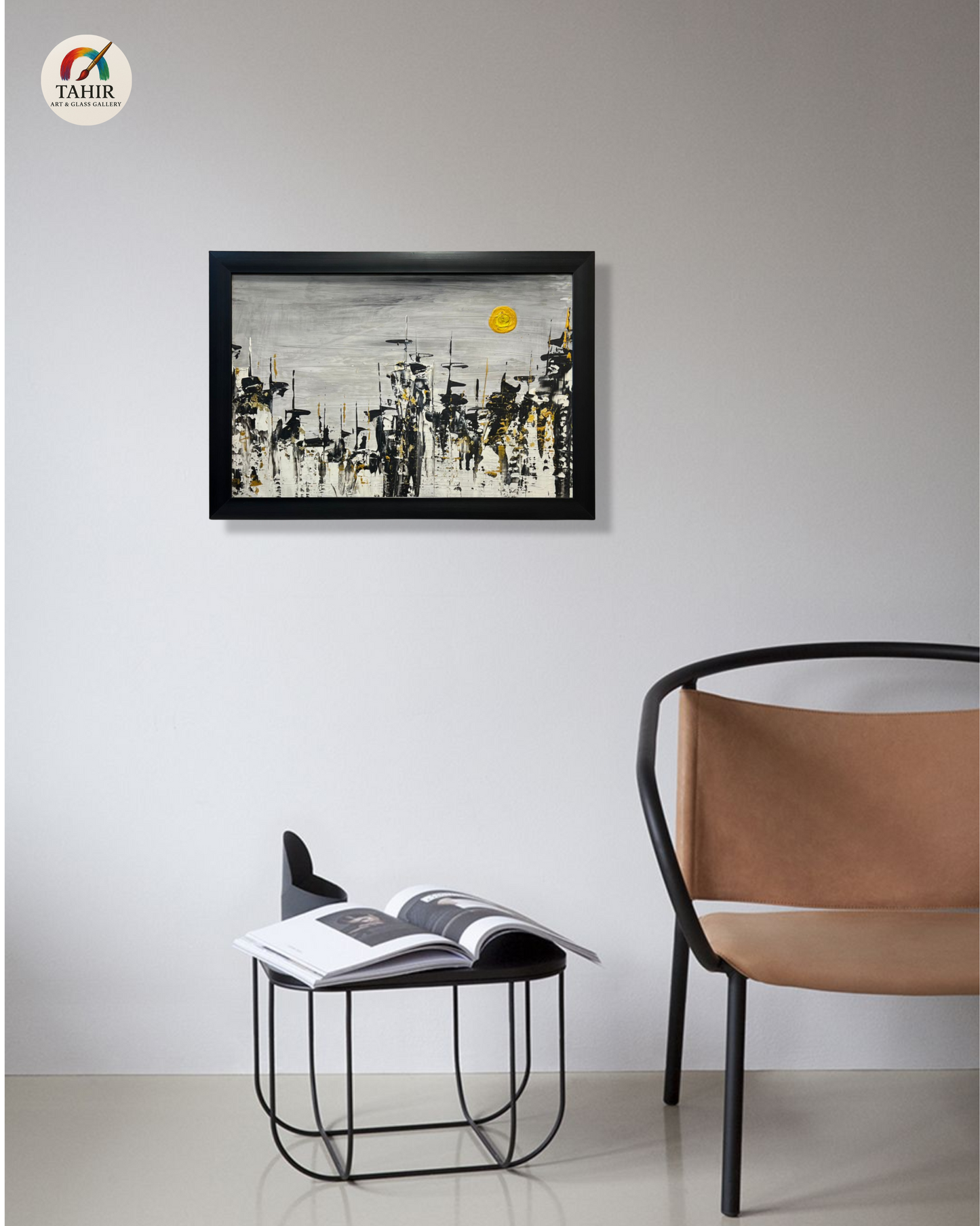 Modern Abstract Skyline Painting – 18x24 Inches | Black, White & Gold with Yellow Sun