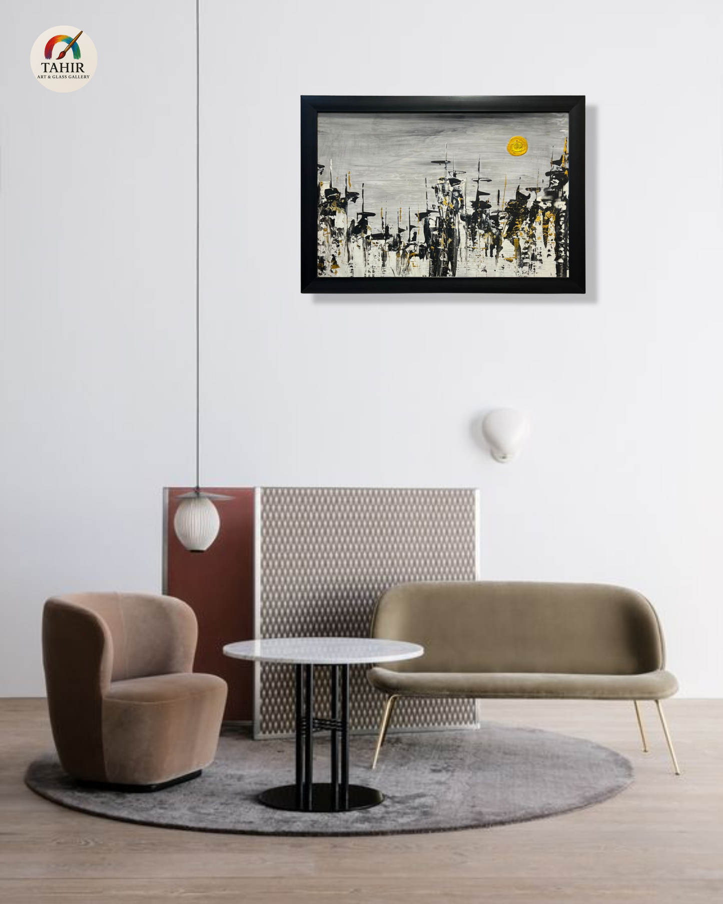 Modern Abstract Skyline Painting – 18x24 Inches | Black, White & Gold with Yellow Sun