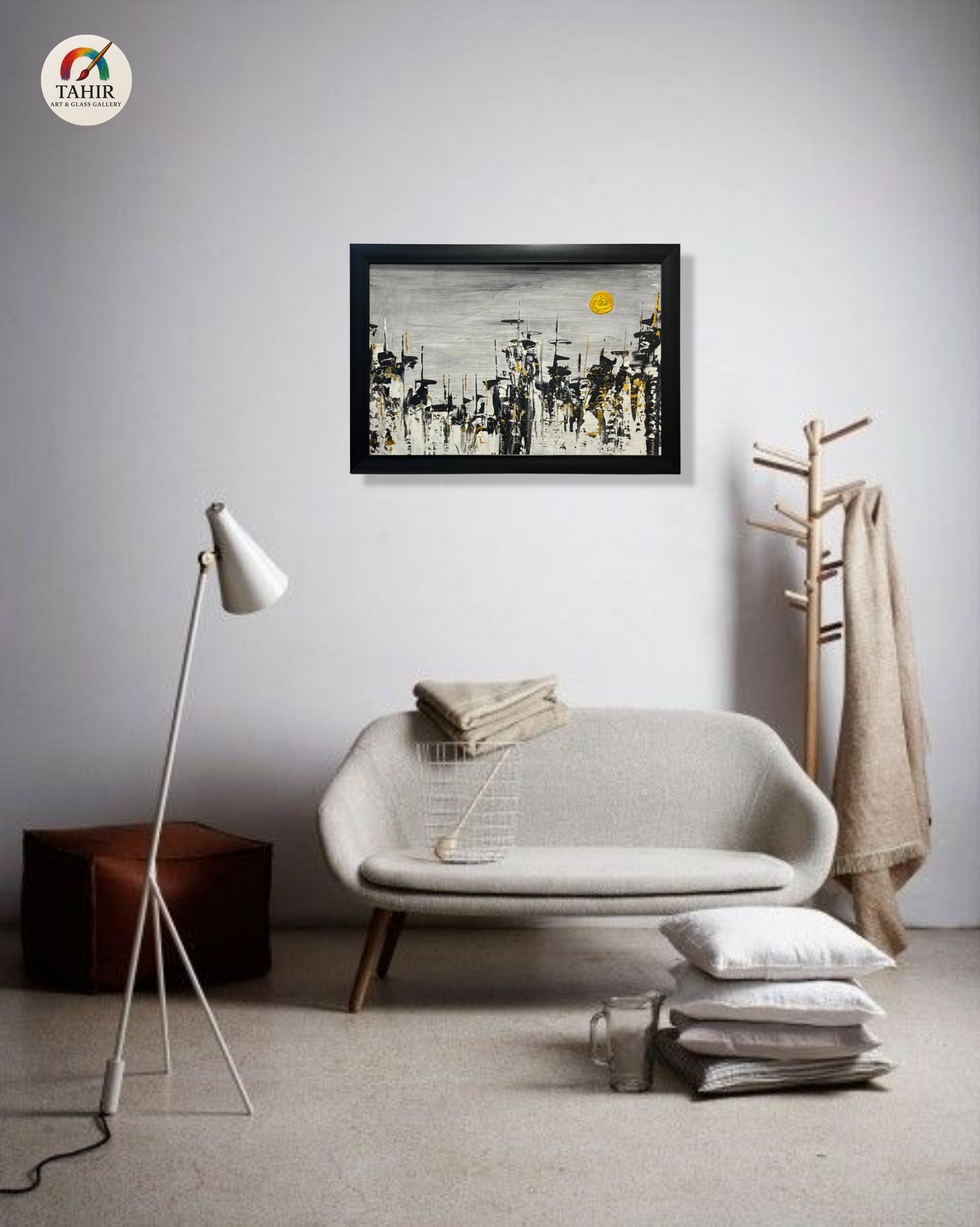 Modern Abstract Skyline Painting – 18x24 Inches | Black, White & Gold with Yellow Sun