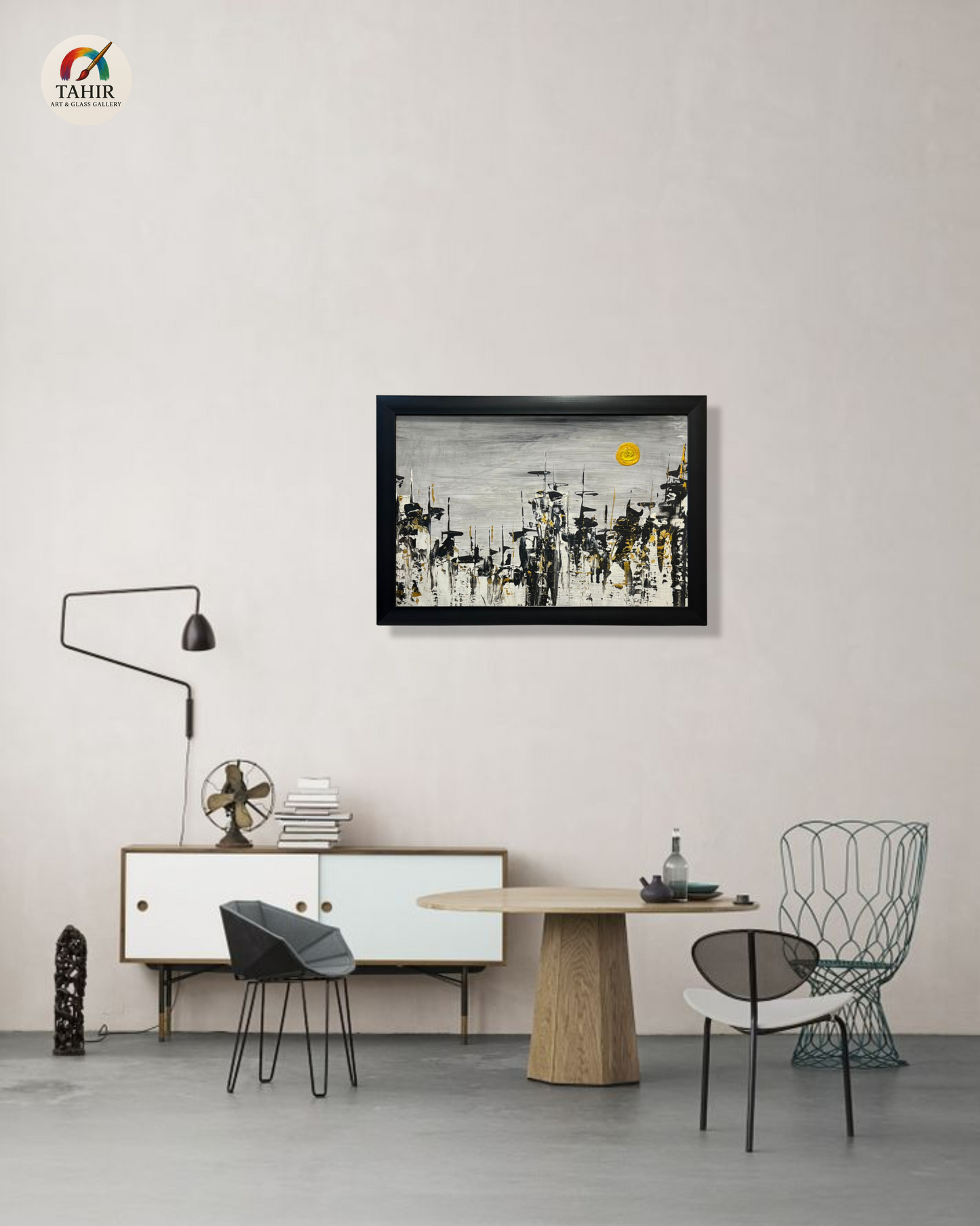 Modern Abstract Skyline Painting – 18x24 Inches | Black, White & Gold with Yellow Sun
