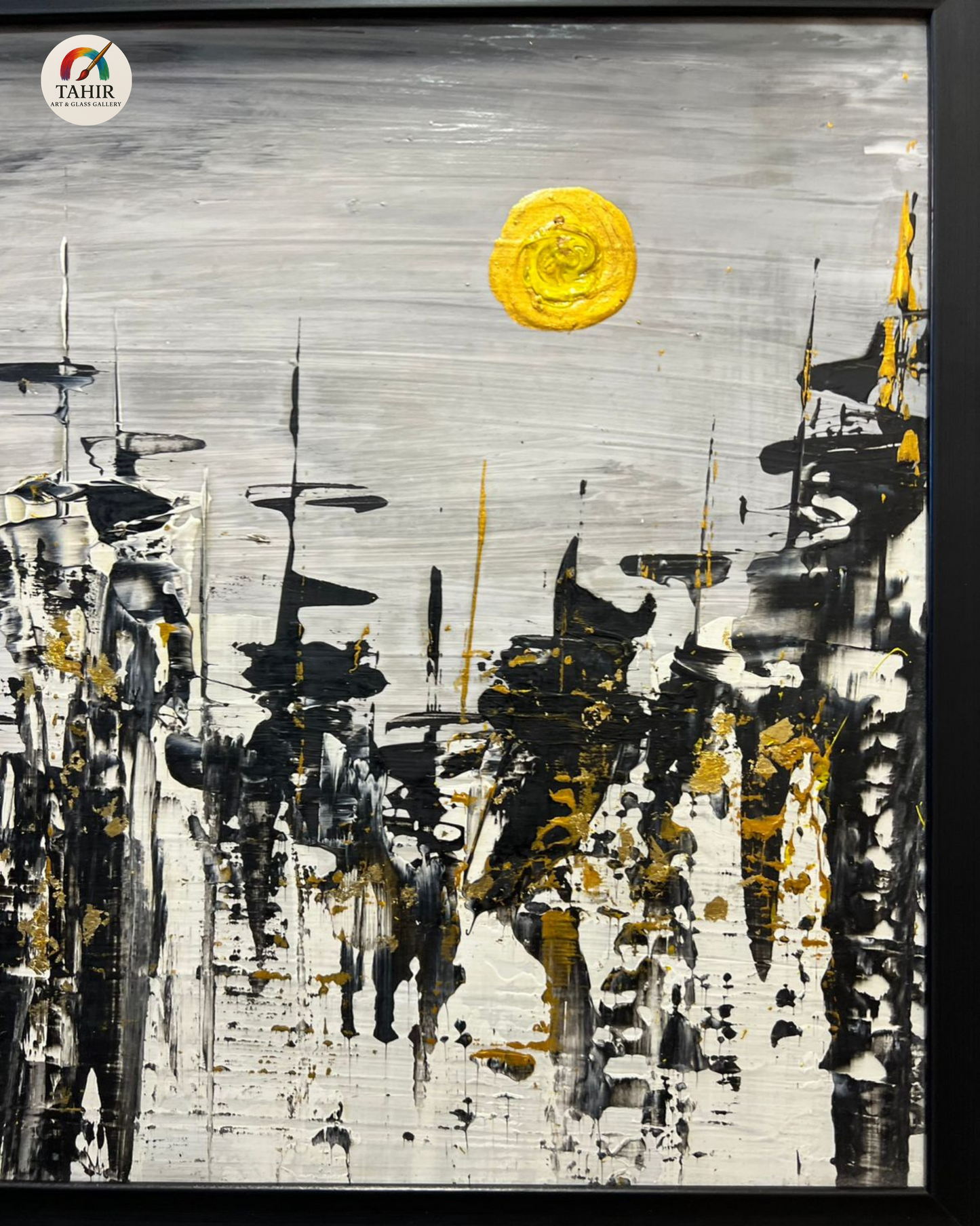 Modern Abstract Skyline Painting – 18x24 Inches | Black, White & Gold with Yellow Sun