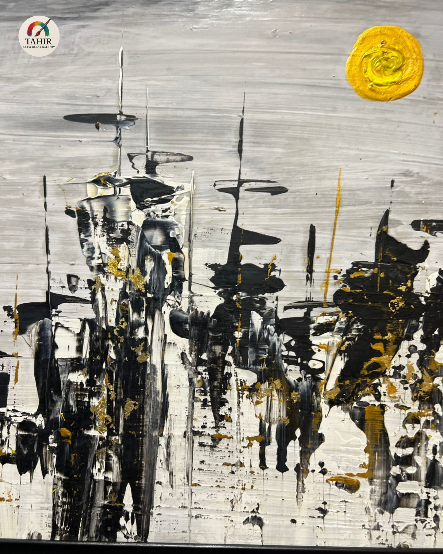 Modern Abstract Skyline Painting – 18x24 Inches | Black, White & Gold with Yellow Sun