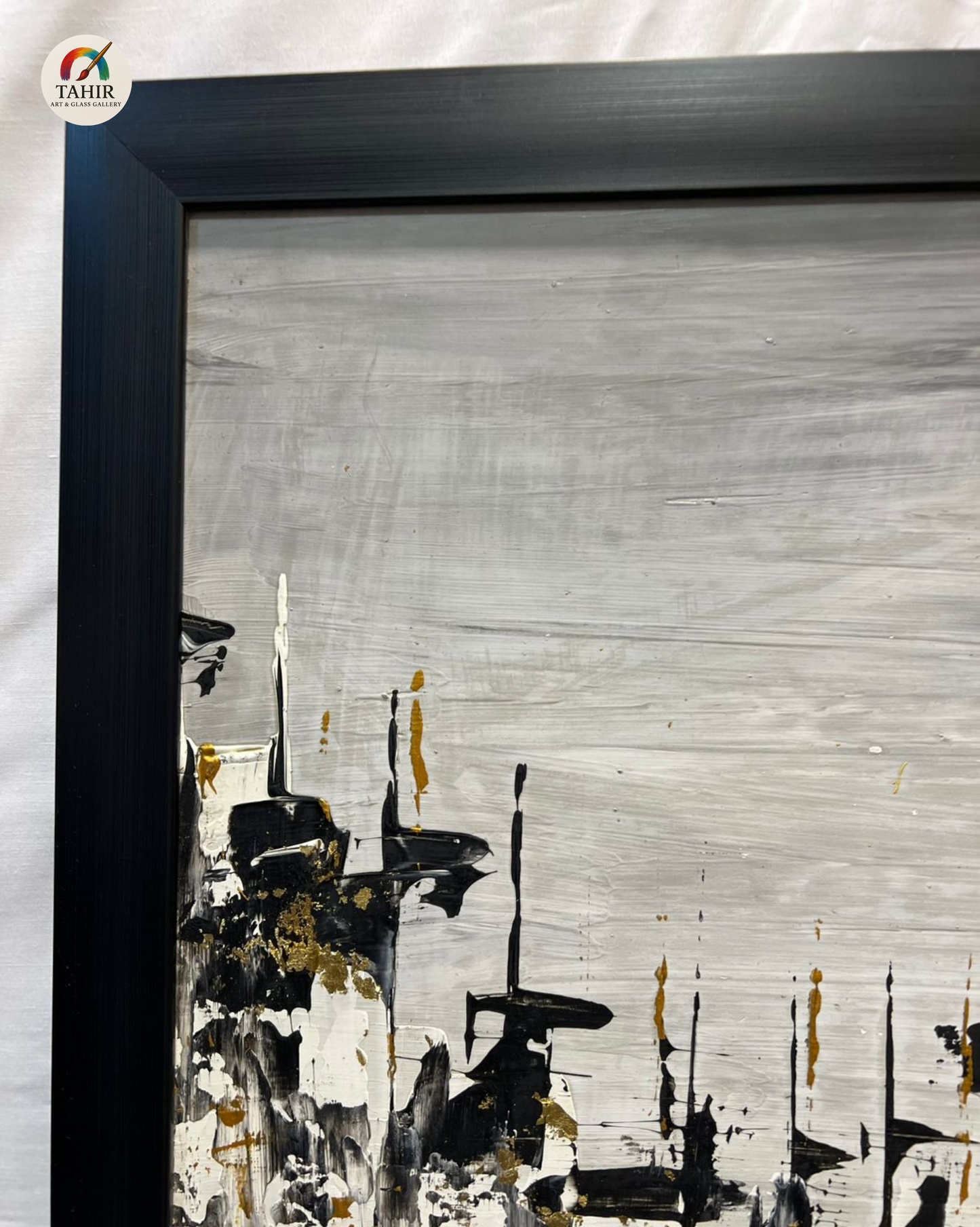Modern Abstract Skyline Painting – 18x24 Inches | Black, White & Gold with Yellow Sun