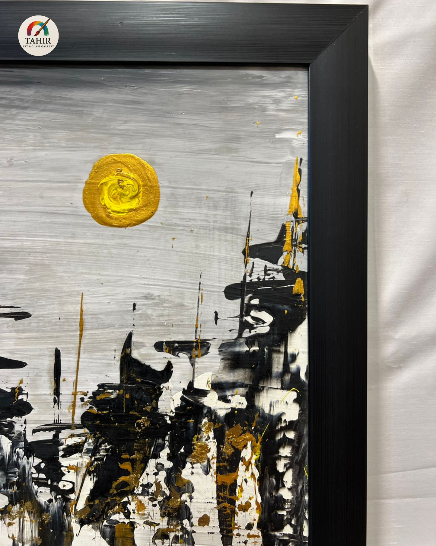 Modern Abstract Skyline Painting – 18x24 Inches | Black, White & Gold with Yellow Sun