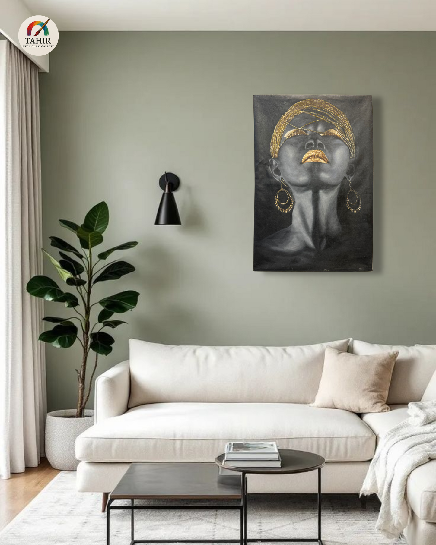 Black & Gold African-Inspired Portrait – 24x36 Inches – Unframed Canvas oil Painting