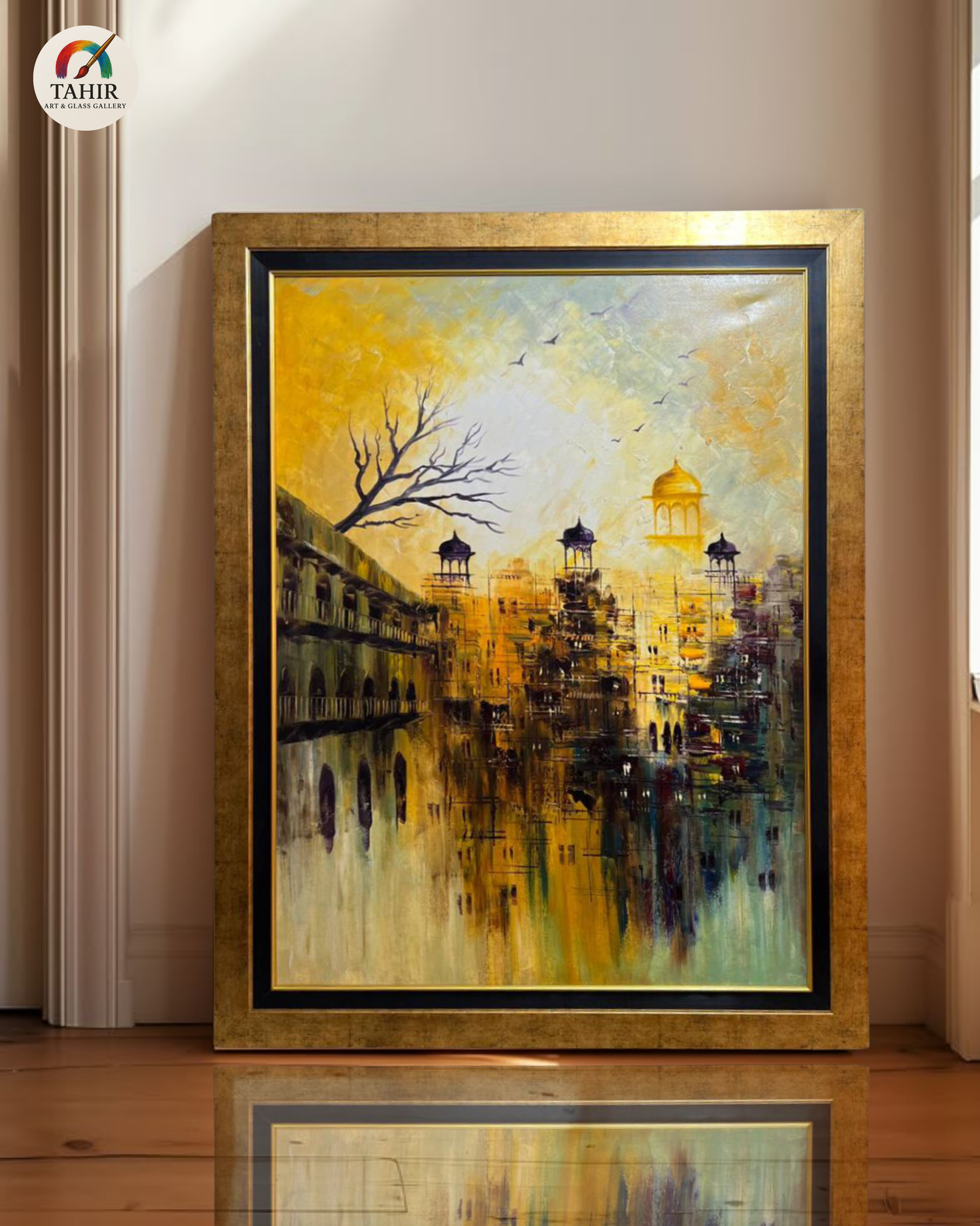 Golden Cityscape Painting – Handmade Oil on Canvas (42x54")