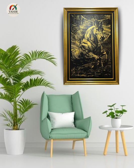 "Golden Gallop" – 30x42" Horse Portrait on Gold Leaf | Bold Equine Wall Art