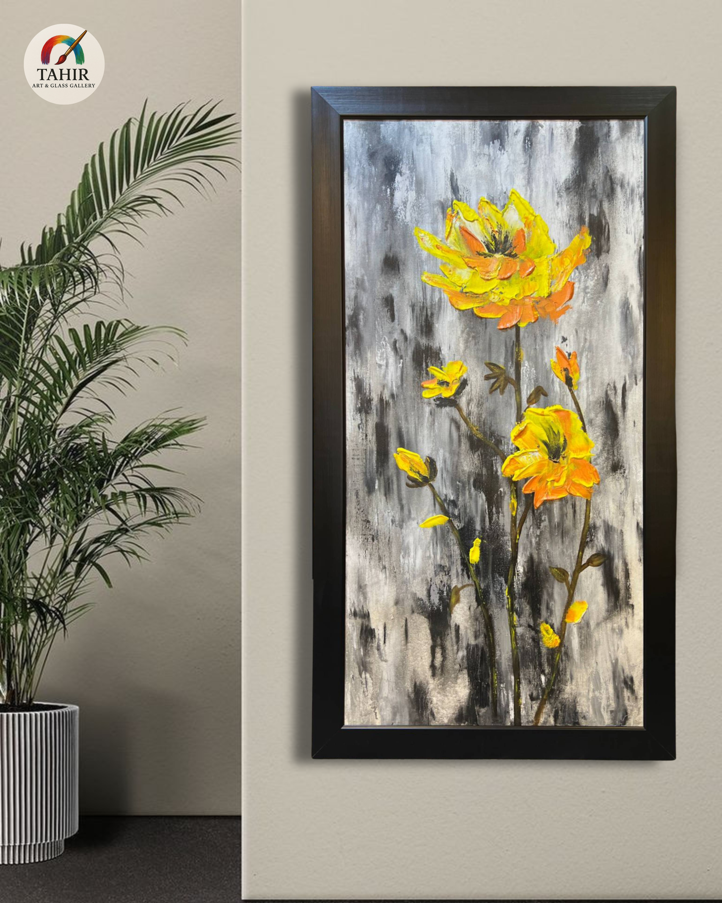Yellow Floral Painting – Handmade Oil on Canvas (30x54")
