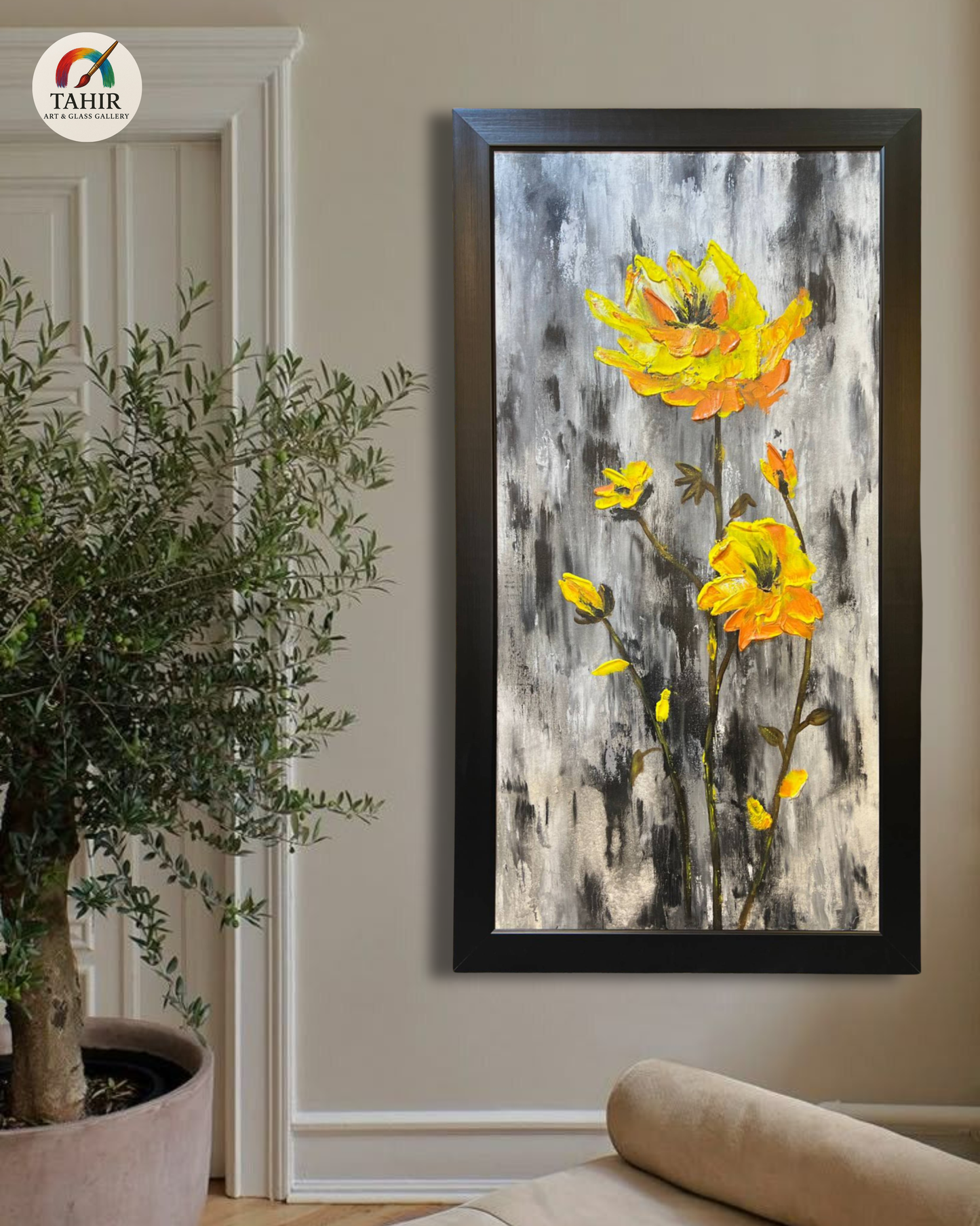 Yellow Floral Painting – Handmade Oil on Canvas (30x54")