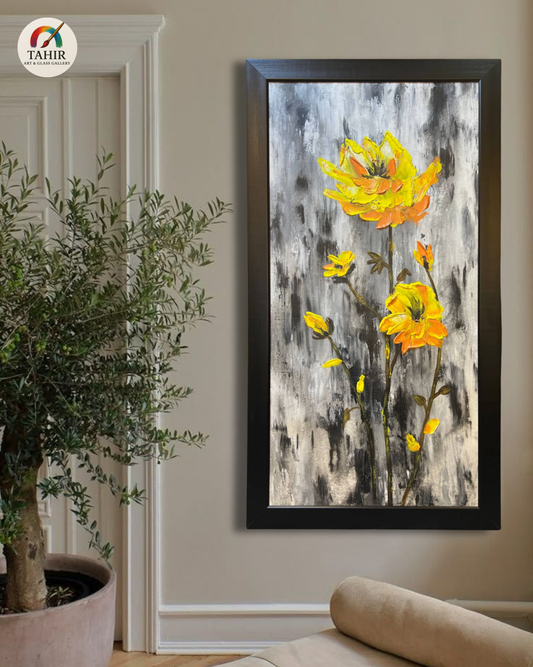 Yellow Floral Painting – Handmade Oil on Canvas (30x54")