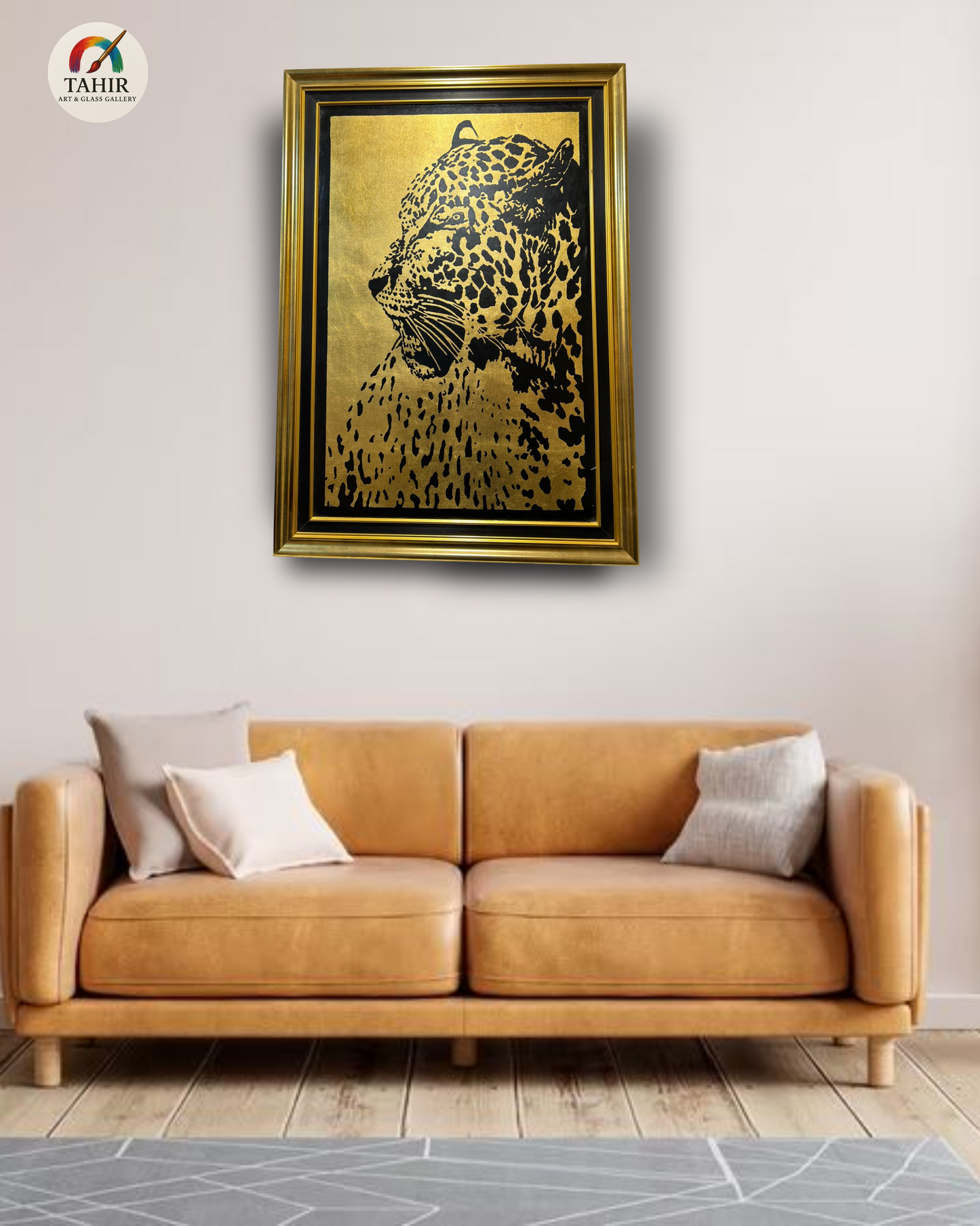 "Golden Gaze" – 30x42" Leopard Portrait on Gold Leaf | Luxury Wildlife Art