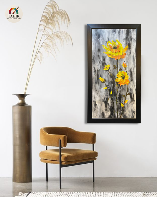 Yellow Floral Painting – Handmade Oil on Canvas (30x54")