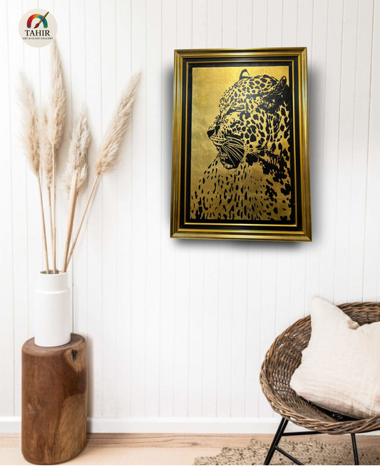 "Golden Gaze" – 30x42" Leopard Portrait on Gold Leaf | Luxury Wildlife Art