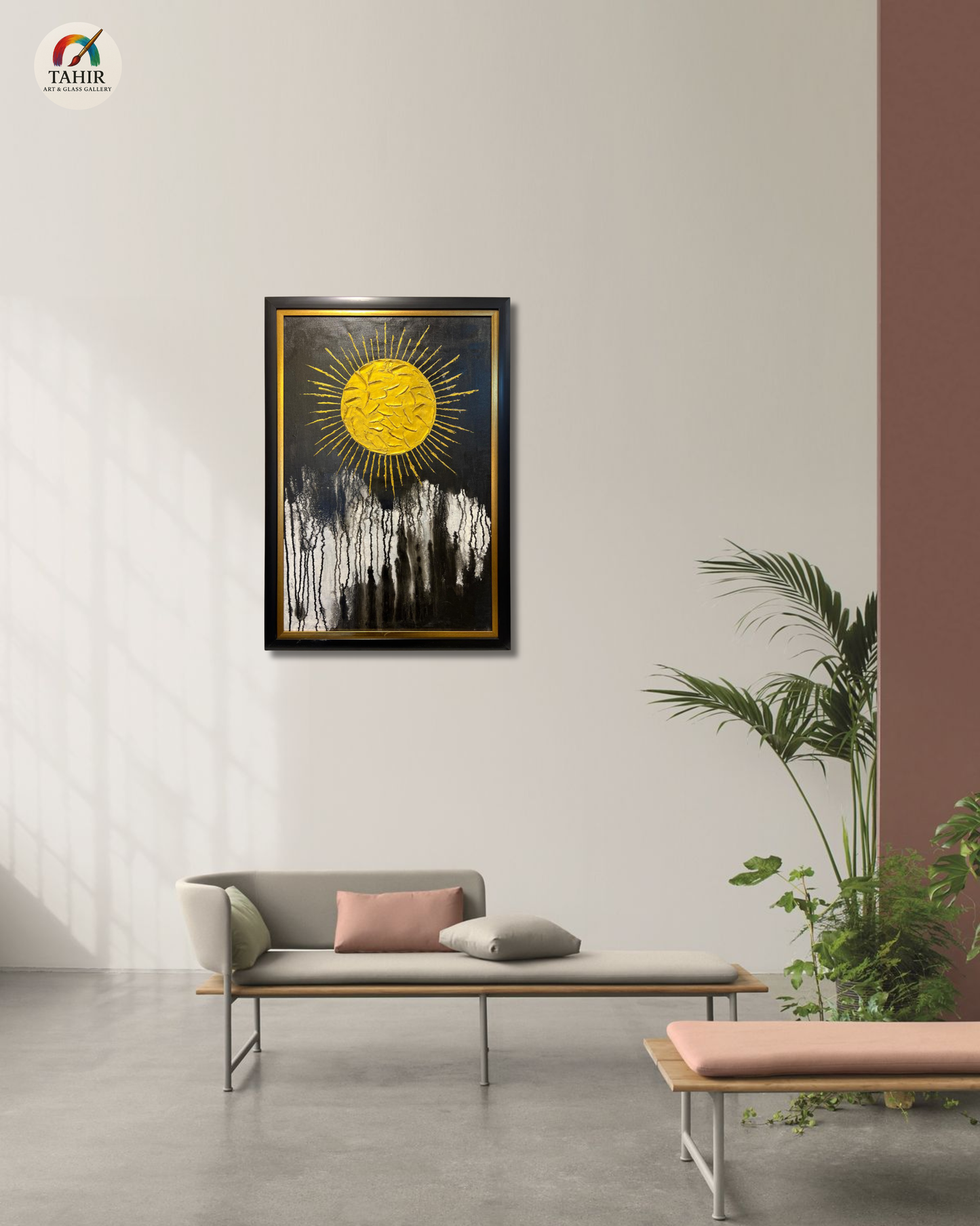 Original Hand-Painted Abstract Gold Sun Oil Painting on Canvas | Modern Black & Gold Wall Art | 24x36