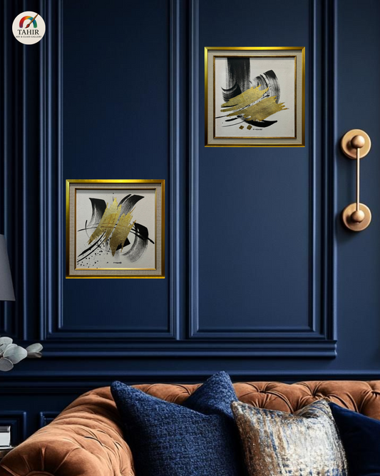 "Golden Abstract Harmony – 18x18 Double Framed Art (Set of 2)"