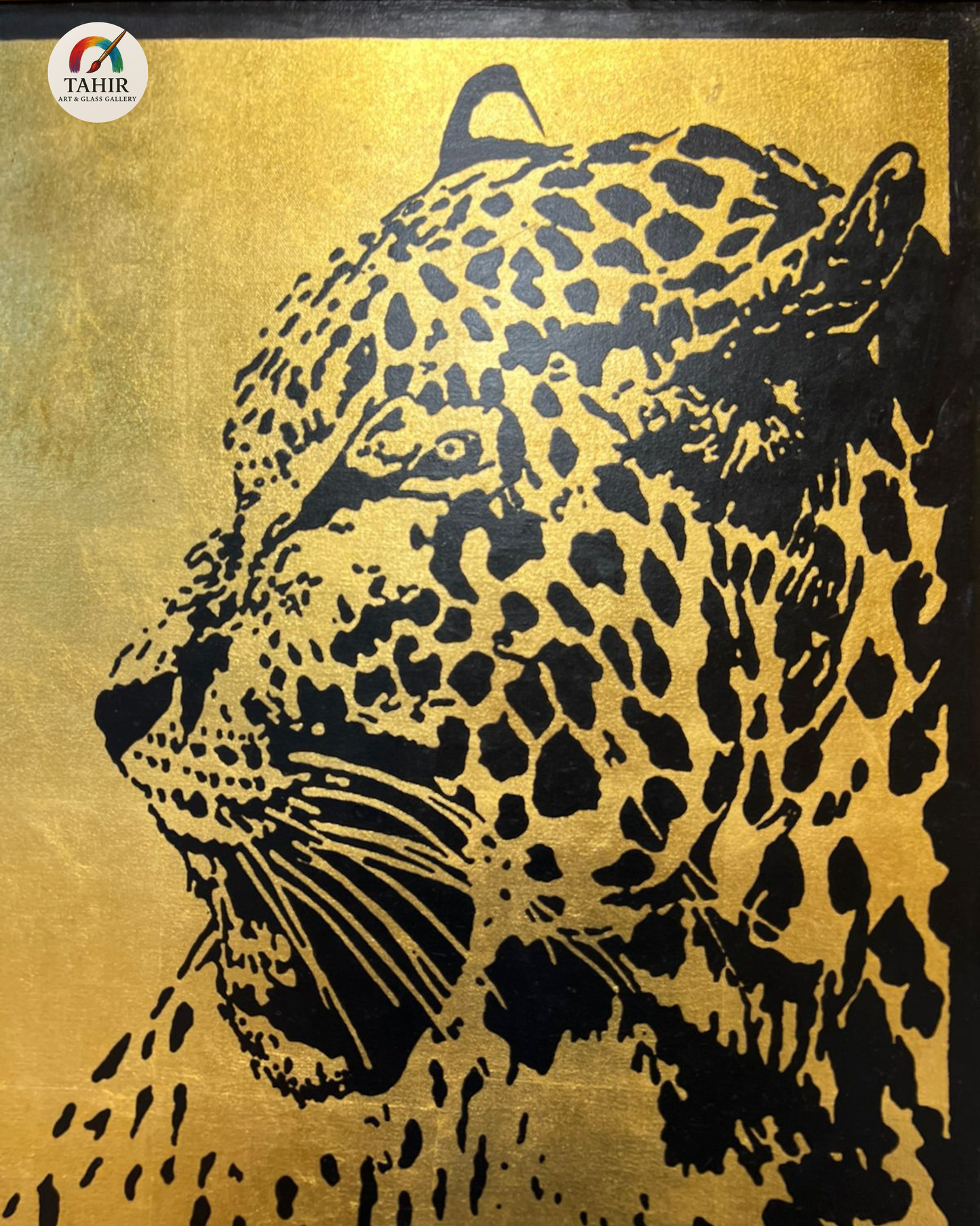 "Golden Gaze" – 30x42" Leopard Portrait on Gold Leaf | Luxury Wildlife Art