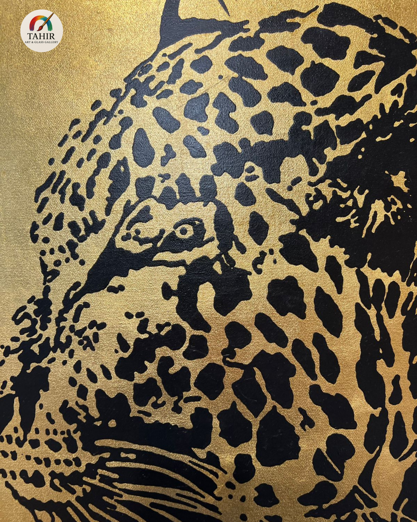 "Golden Gaze" – 30x42" Leopard Portrait on Gold Leaf | Luxury Wildlife Art