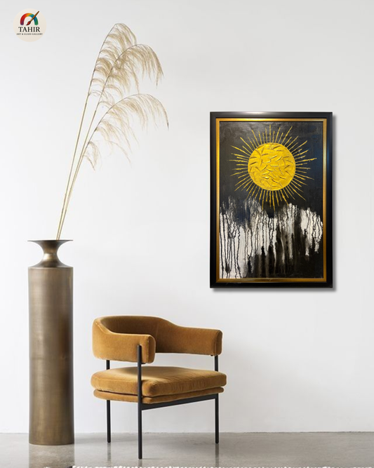 Original Hand-Painted Abstract Gold Sun Oil Painting on Canvas | Modern Black & Gold Wall Art | 24x36