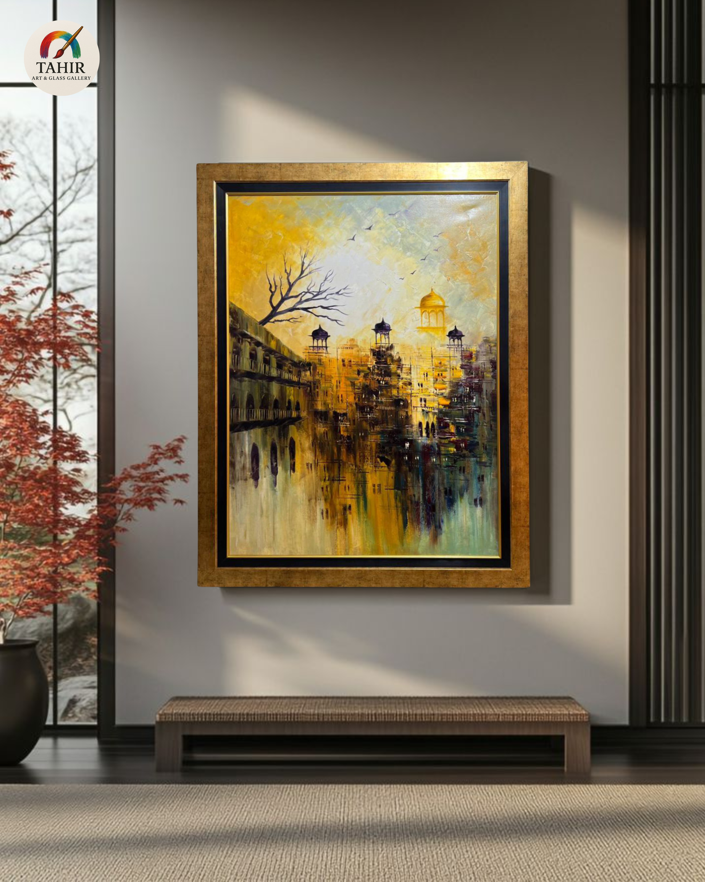 Golden Cityscape Painting – Handmade Oil on Canvas (42x54")