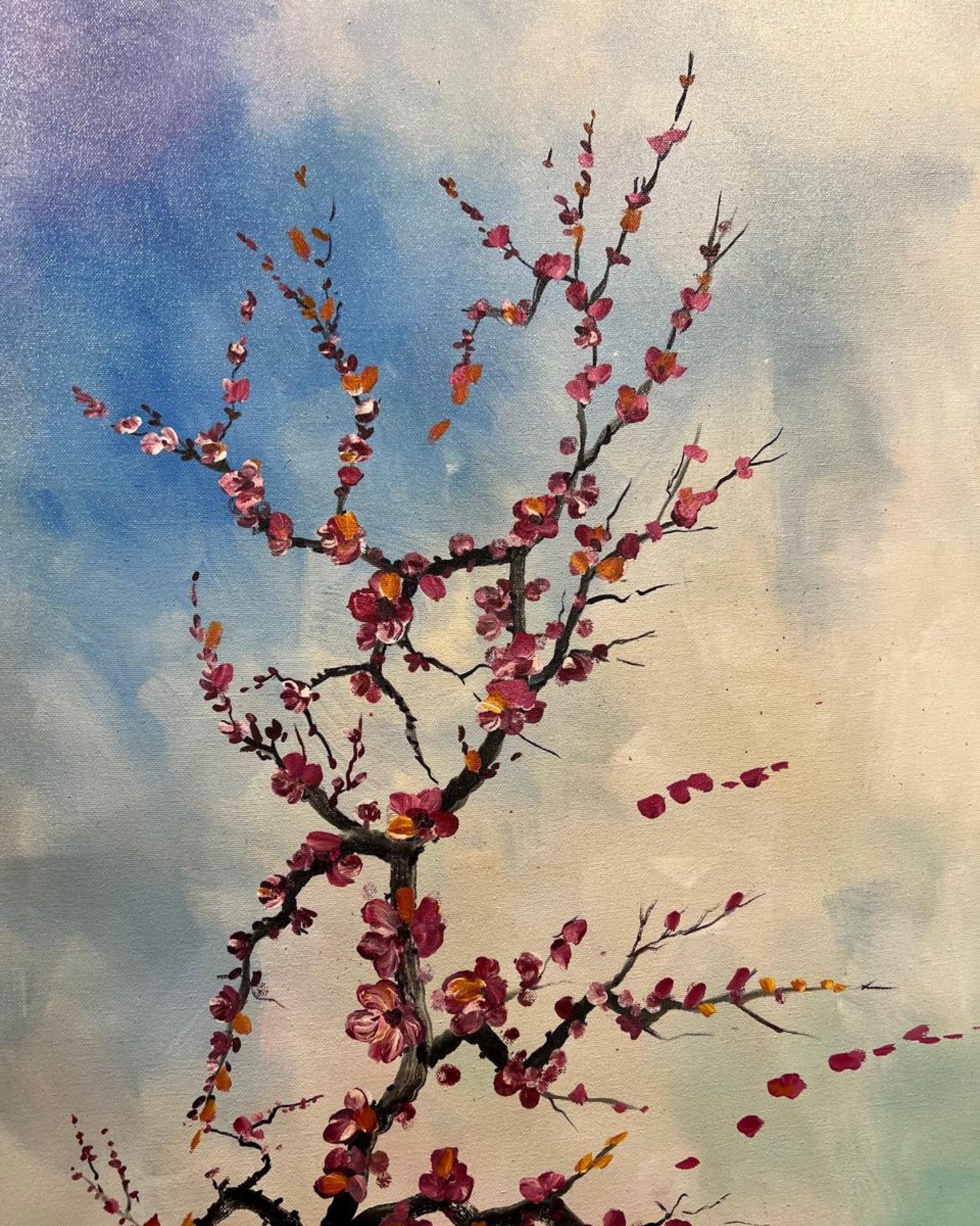 "Whispers of Spring – Handmade Blossom Tree Painting (30x42”)