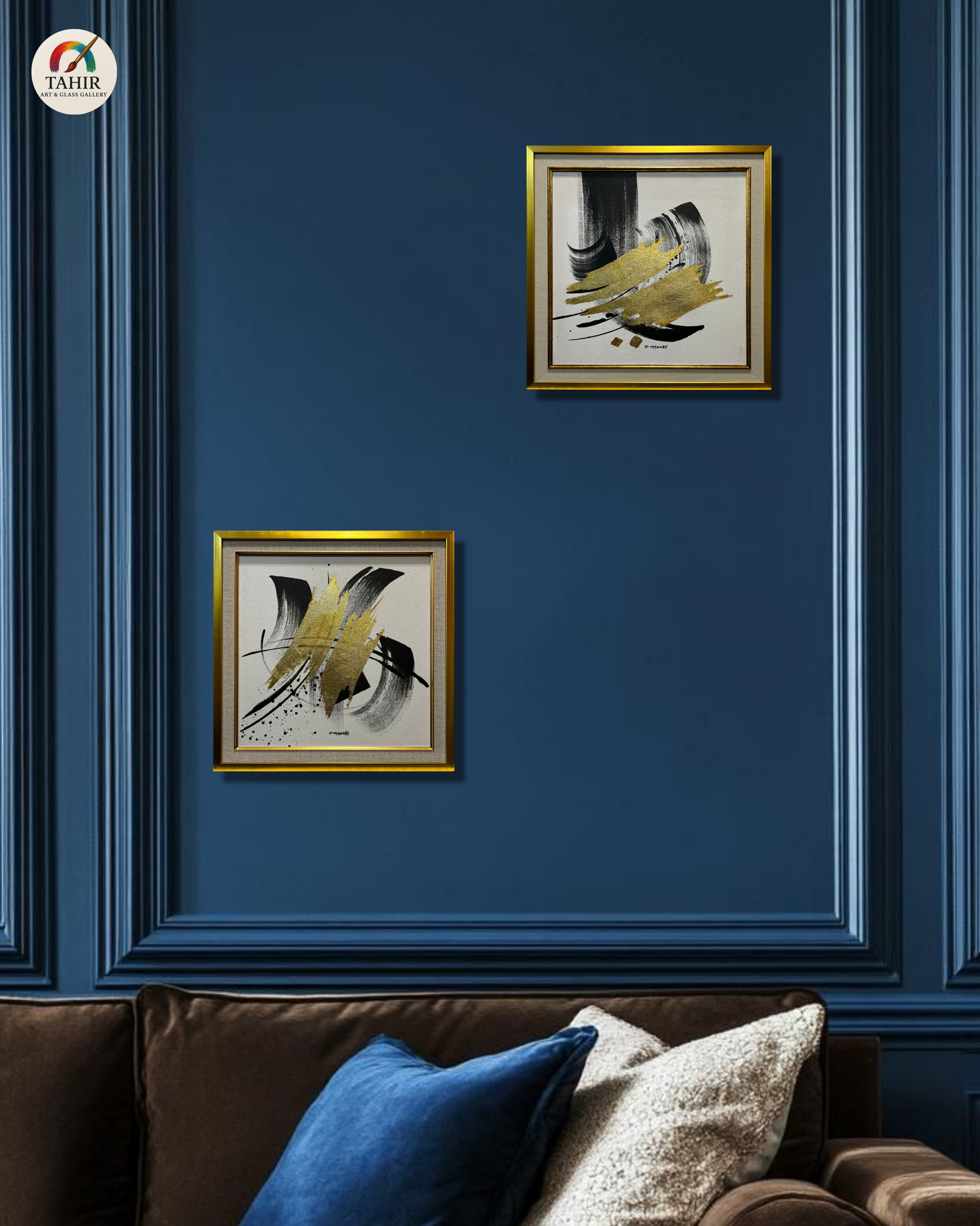 "Golden Abstract Harmony – 18x18 Double Framed Art (Set of 2)"
