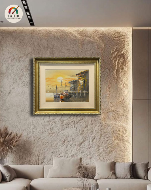 🚤 Sunset Boat Scenery Wall Art – 18x24" | Framed Painting for Home Décor 🖼️🌅