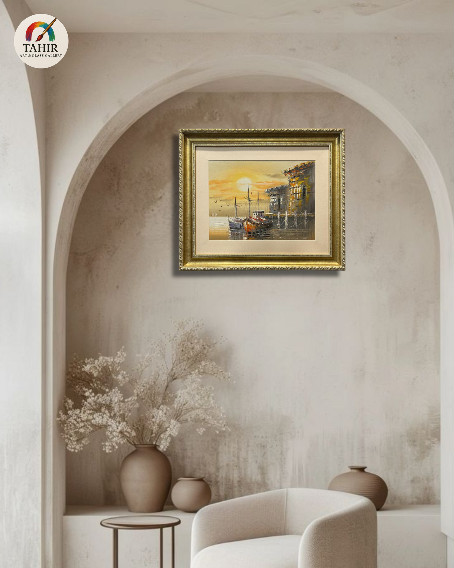 🚤 Sunset Boat Scenery Wall Art – 18x24" | Framed Painting for Home Décor 🖼️🌅