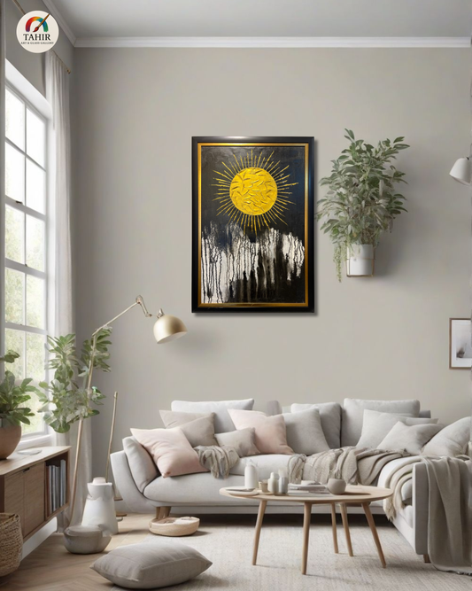 Original Hand-Painted Abstract Gold Sun Oil Painting on Canvas | Modern Black & Gold Wall Art | 24x36